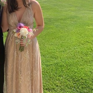 PROM SPARKLY DRESS OPEN V-NECK LINE PLUNGE STRAPS BLUSH PINK GLITTER FLOWY GOWN